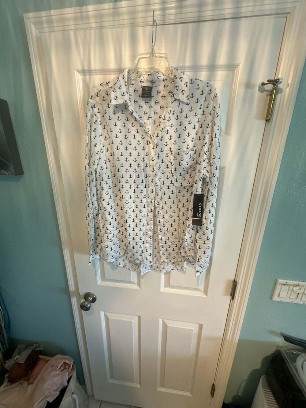 George Anchor Print Button Up Shirt XXL White Rayon Blouse
